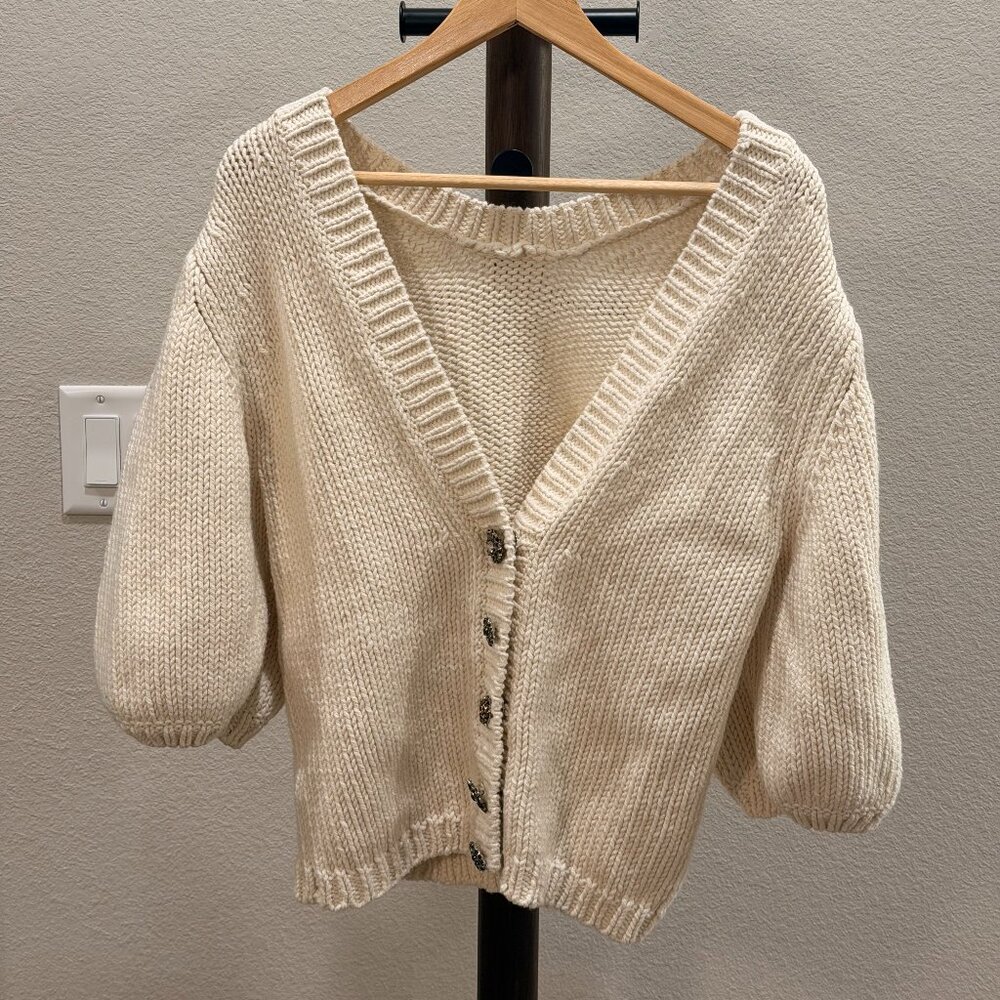 ba&sh Paris Puff-Sleeve Knit Cardigan – Cream, Jeweled Buttons, Size M
